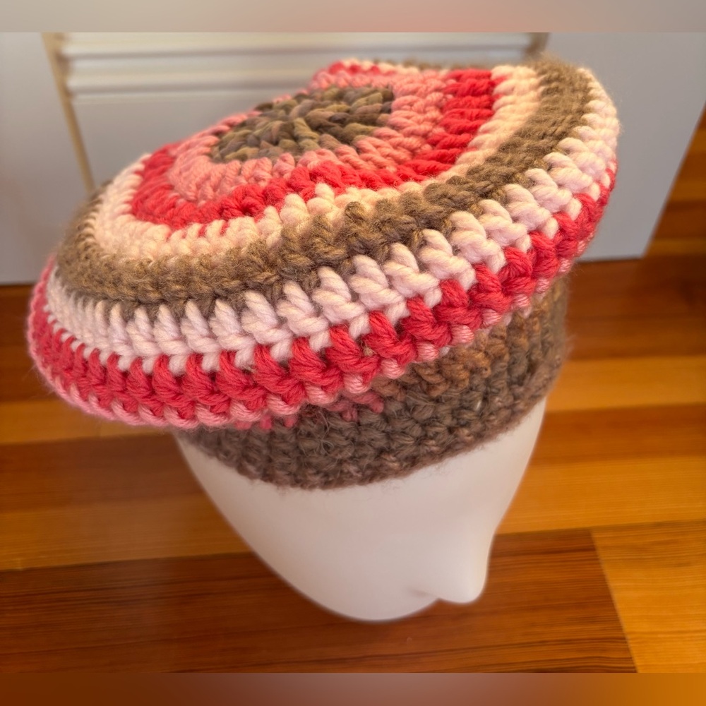 Hand crochet knit pink and olive beret